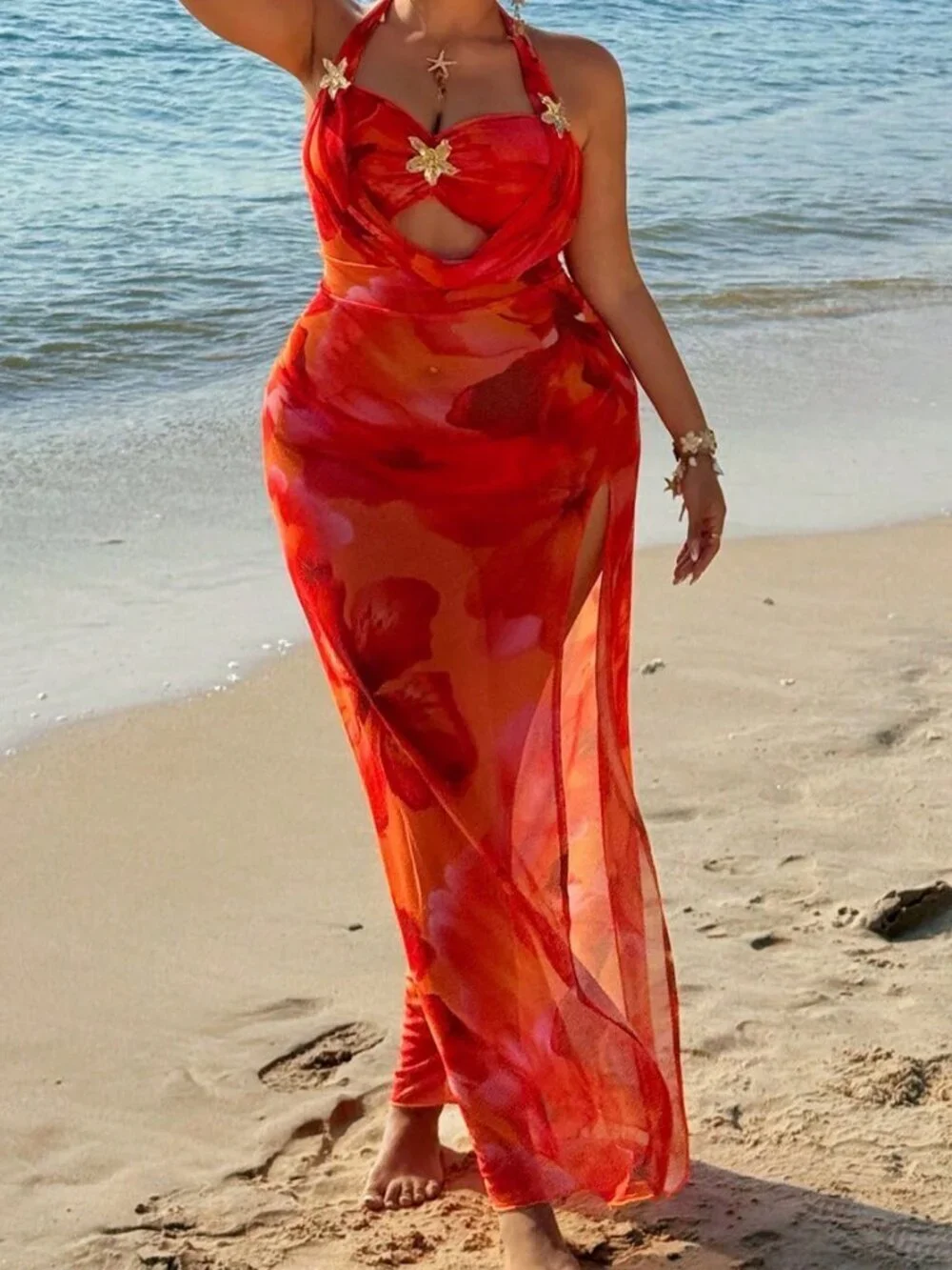 Orange Boho Women's Sexy Island Beach Resort Strapless Mesh Floral Print Dress